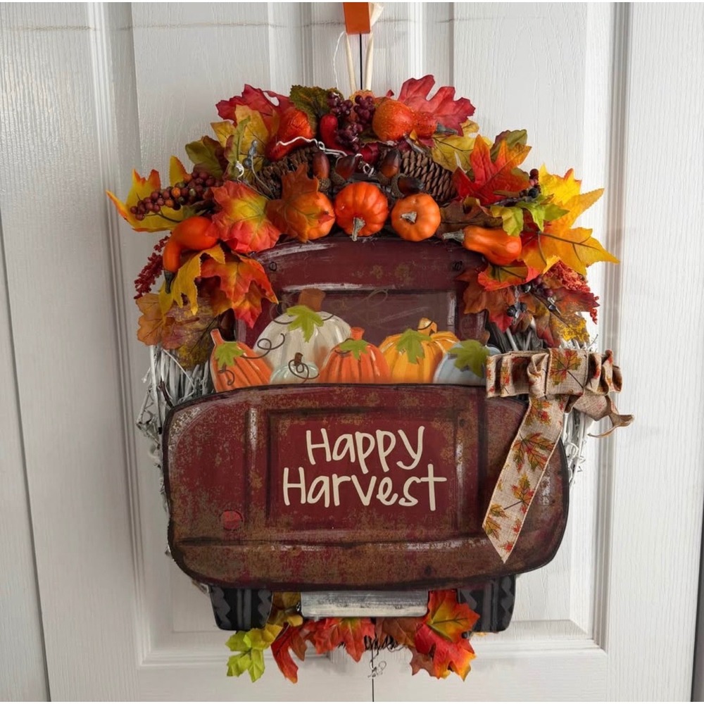 Handmade Happy Harvest Door Wall Hanger Wreath Pumpkins Fall Rustic Truck Farm